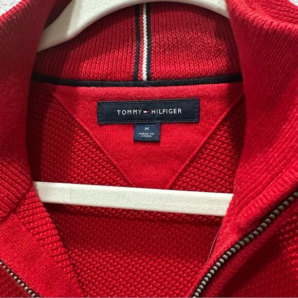 Tommy Hilfiger size Medium M red classic Henley quarter zip sweater - Picture 3 of 3